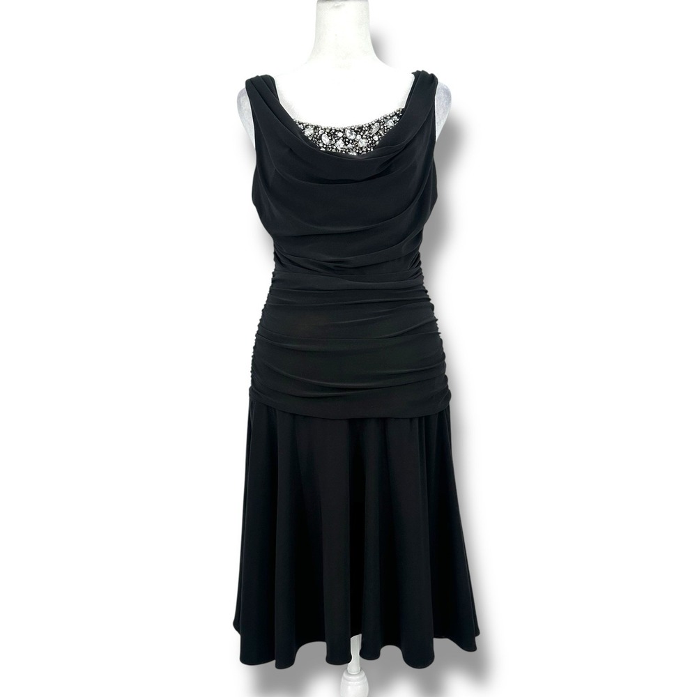VTG Y2K‎ Night Way Black Ruched Rhinestone Beaded Midi Dress 8 Prom Glam 90s USA